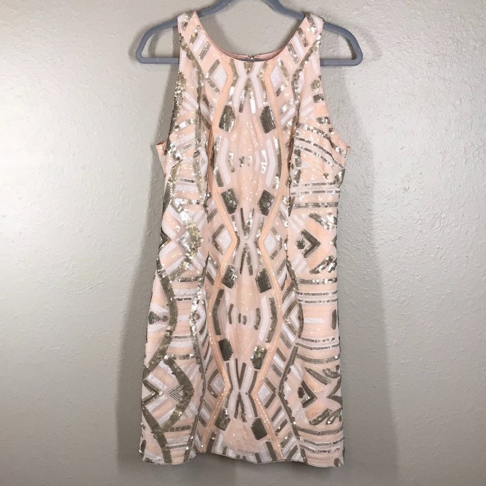 Aidan Mattox Blush Pink Fully Sequined Halter Neck Mini Cocktail Dress